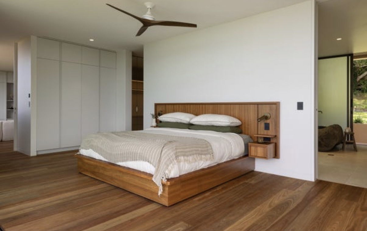 A peaceful timber-accented bedroom